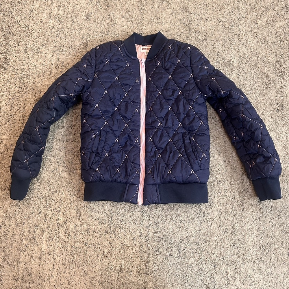 True Religion Girls Medium Puffer Coat Jacket Logo Pink Blue Embroidered